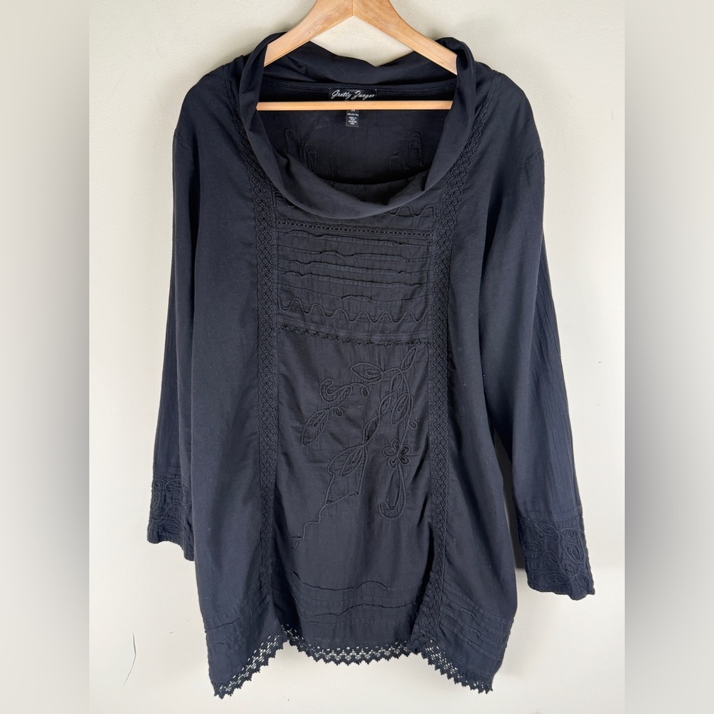 Gretty‎ Zueger Black Embroidered Crochet Cowl Neck Tunic 2X BOHO Lagenlook PERU